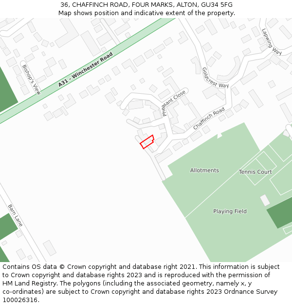 36, CHAFFINCH ROAD, FOUR MARKS, ALTON, GU34 5FG: Location map and indicative extent of plot