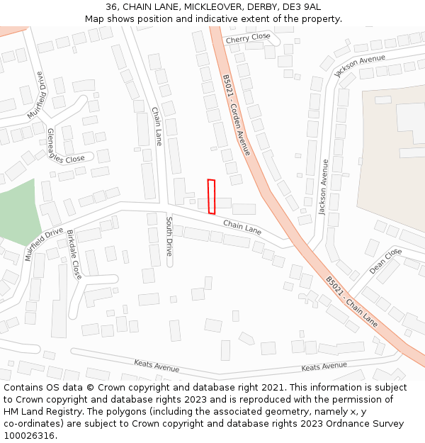 36, CHAIN LANE, MICKLEOVER, DERBY, DE3 9AL: Location map and indicative extent of plot