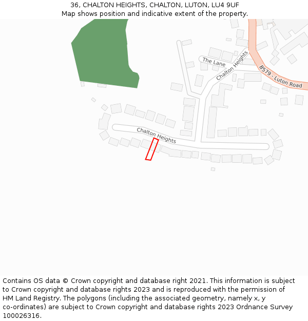 36, CHALTON HEIGHTS, CHALTON, LUTON, LU4 9UF: Location map and indicative extent of plot