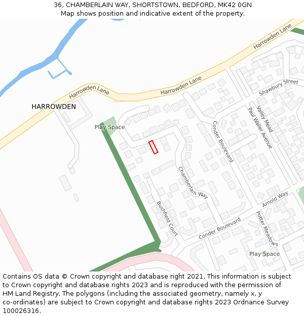 36, CHAMBERLAIN WAY, SHORTSTOWN, BEDFORD, MK42 0GN: Location map and indicative extent of plot