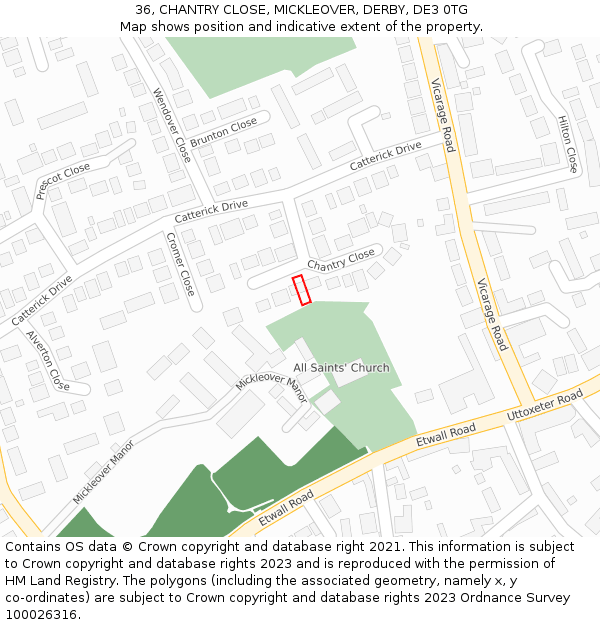 36, CHANTRY CLOSE, MICKLEOVER, DERBY, DE3 0TG: Location map and indicative extent of plot