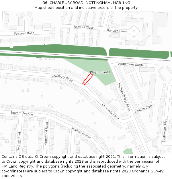 36, CHARLBURY ROAD, NOTTINGHAM, NG8 1NG: Location map and indicative extent of plot