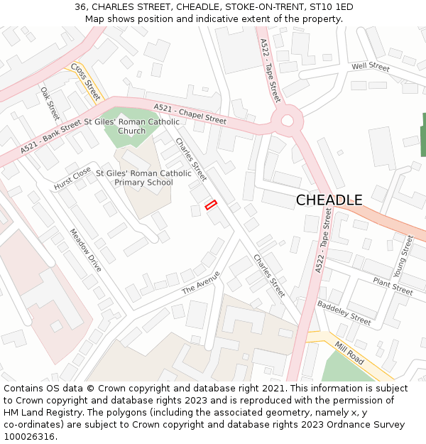 36, CHARLES STREET, CHEADLE, STOKE-ON-TRENT, ST10 1ED: Location map and indicative extent of plot