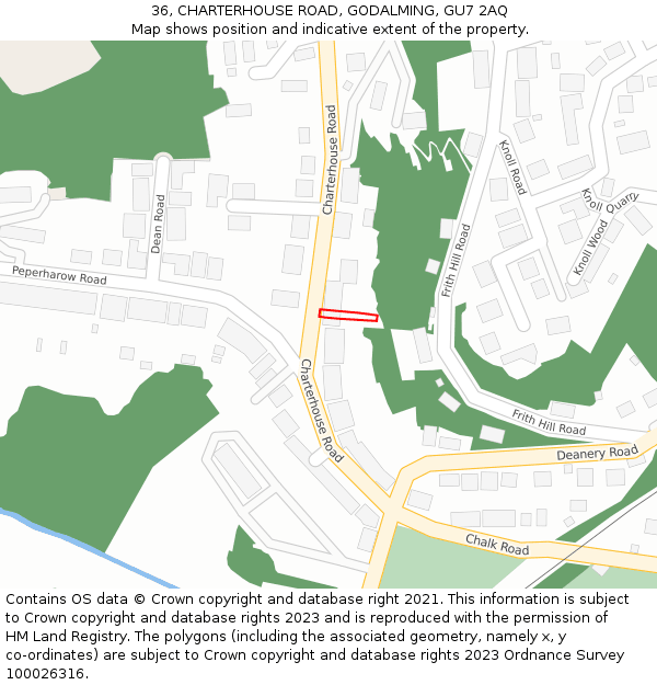 36, CHARTERHOUSE ROAD, GODALMING, GU7 2AQ: Location map and indicative extent of plot