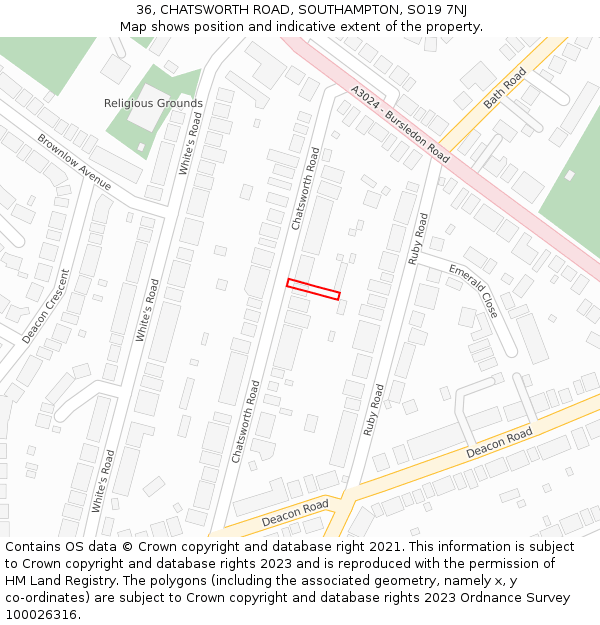 36, CHATSWORTH ROAD, SOUTHAMPTON, SO19 7NJ: Location map and indicative extent of plot