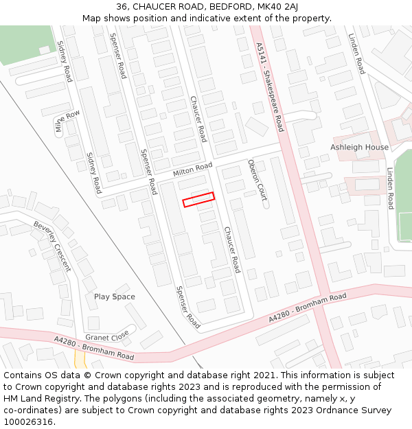 36, CHAUCER ROAD, BEDFORD, MK40 2AJ: Location map and indicative extent of plot