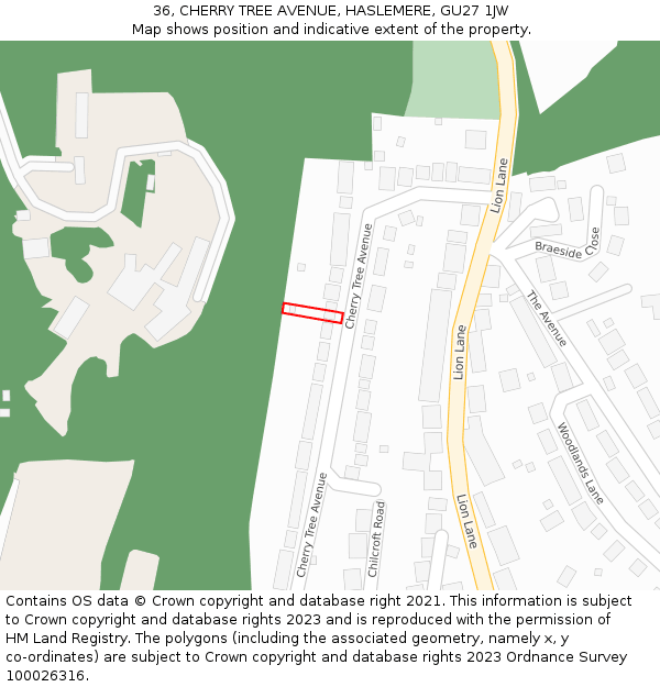 36, CHERRY TREE AVENUE, HASLEMERE, GU27 1JW: Location map and indicative extent of plot