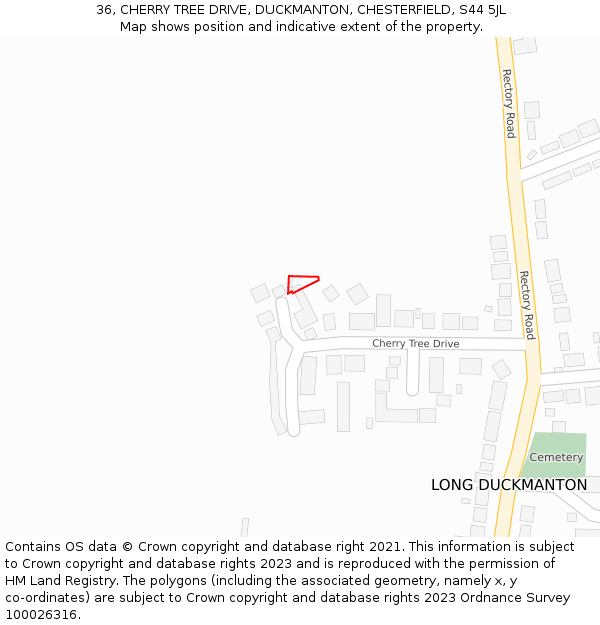 36, CHERRY TREE DRIVE, DUCKMANTON, CHESTERFIELD, S44 5JL: Location map and indicative extent of plot