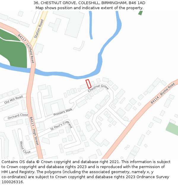 36, CHESTNUT GROVE, COLESHILL, BIRMINGHAM, B46 1AD: Location map and indicative extent of plot