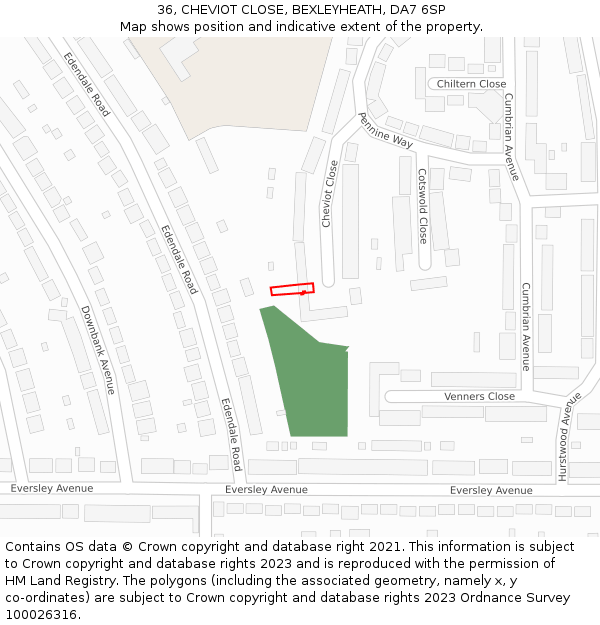 36, CHEVIOT CLOSE, BEXLEYHEATH, DA7 6SP: Location map and indicative extent of plot