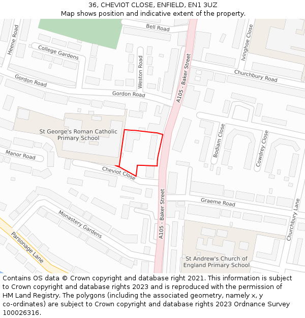 36, CHEVIOT CLOSE, ENFIELD, EN1 3UZ: Location map and indicative extent of plot