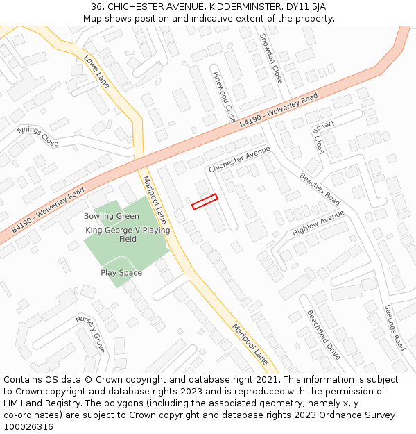 36, CHICHESTER AVENUE, KIDDERMINSTER, DY11 5JA: Location map and indicative extent of plot