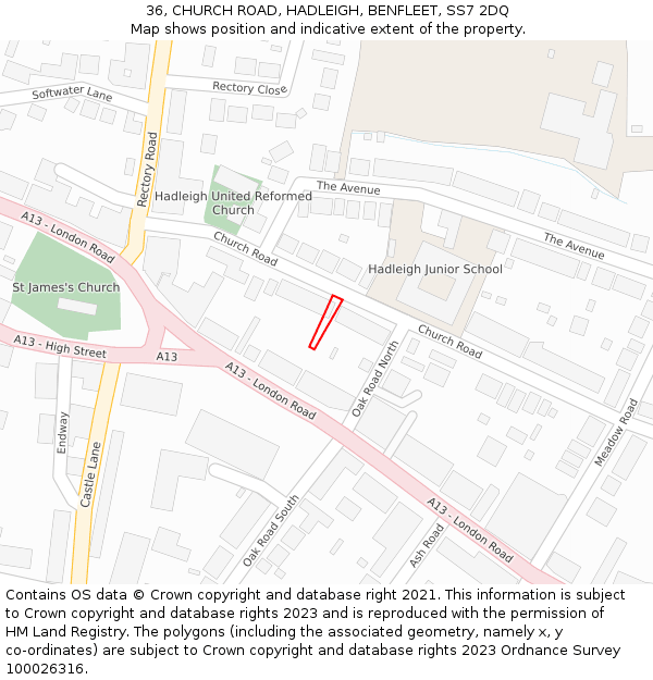 36, CHURCH ROAD, HADLEIGH, BENFLEET, SS7 2DQ: Location map and indicative extent of plot