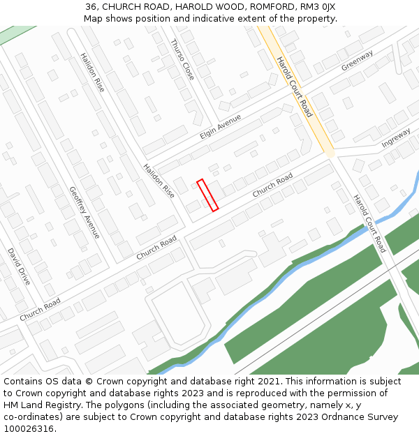 36, CHURCH ROAD, HAROLD WOOD, ROMFORD, RM3 0JX: Location map and indicative extent of plot