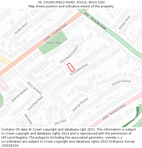 36, CHURCHFIELD ROAD, POOLE, BH15 2QN: Location map and indicative extent of plot