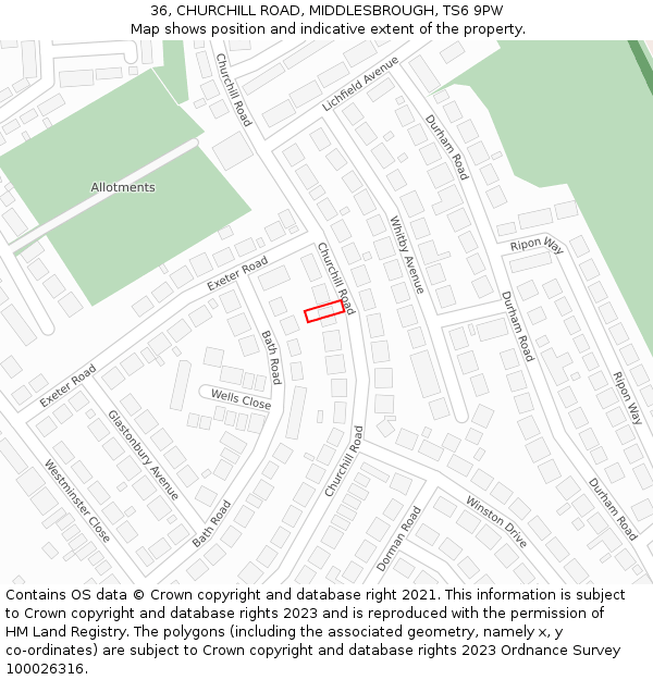 36, CHURCHILL ROAD, MIDDLESBROUGH, TS6 9PW: Location map and indicative extent of plot