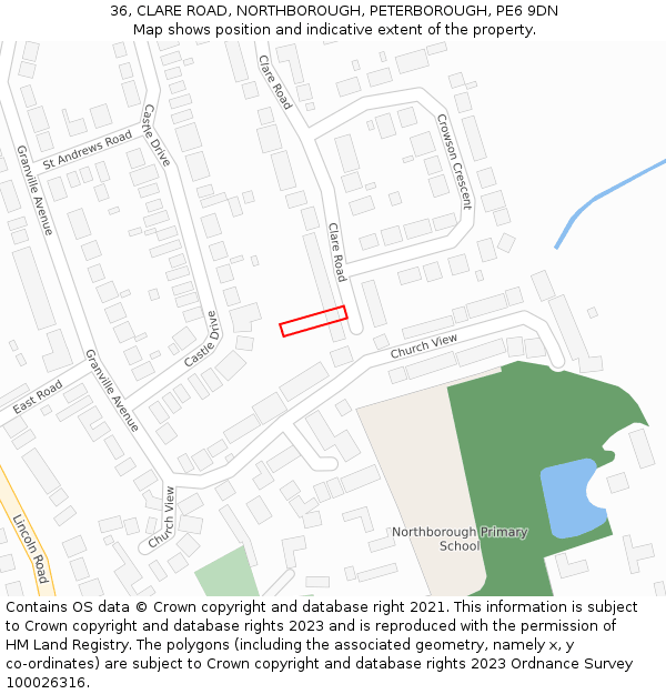 36, CLARE ROAD, NORTHBOROUGH, PETERBOROUGH, PE6 9DN: Location map and indicative extent of plot