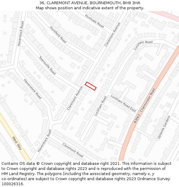 36, CLAREMONT AVENUE, BOURNEMOUTH, BH9 3HA: Location map and indicative extent of plot