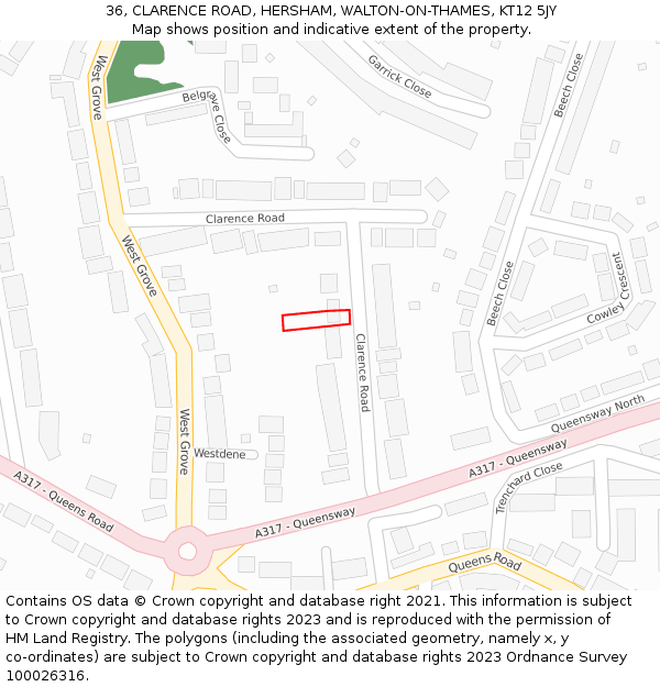 36, CLARENCE ROAD, HERSHAM, WALTON-ON-THAMES, KT12 5JY: Location map and indicative extent of plot