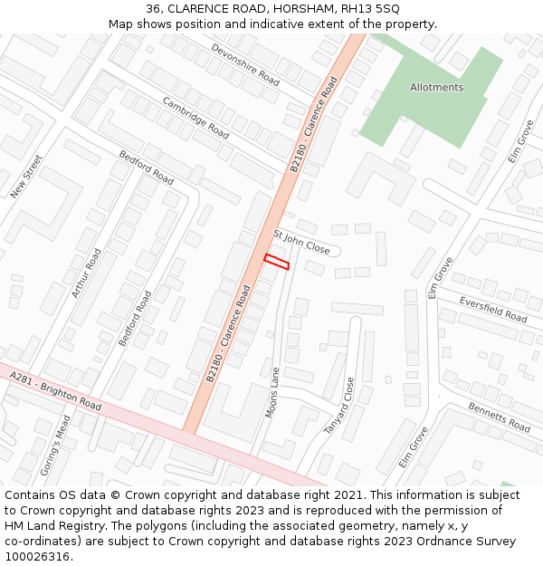 36, CLARENCE ROAD, HORSHAM, RH13 5SQ: Location map and indicative extent of plot