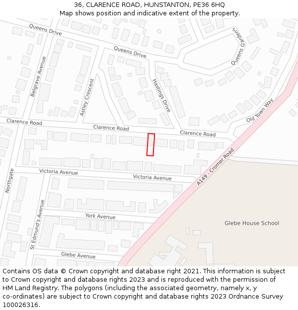 36, CLARENCE ROAD, HUNSTANTON, PE36 6HQ: Location map and indicative extent of plot