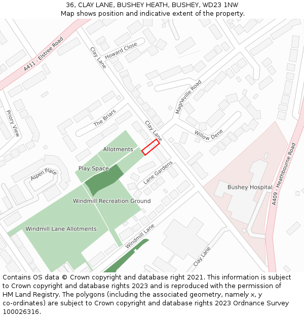 36, CLAY LANE, BUSHEY HEATH, BUSHEY, WD23 1NW: Location map and indicative extent of plot