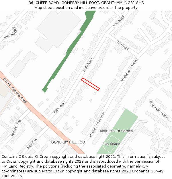 36, CLIFFE ROAD, GONERBY HILL FOOT, GRANTHAM, NG31 8HS: Location map and indicative extent of plot