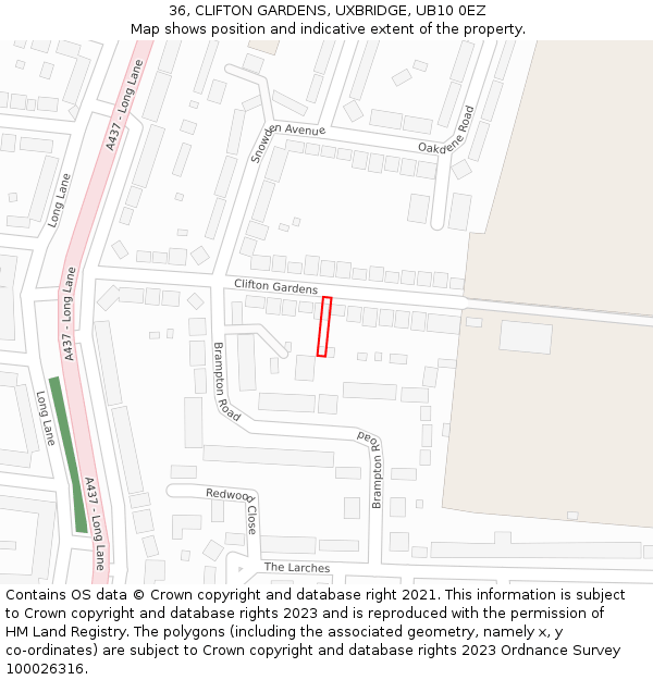 36, CLIFTON GARDENS, UXBRIDGE, UB10 0EZ: Location map and indicative extent of plot