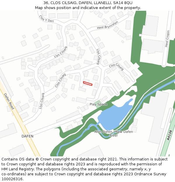 36, CLOS CILSAIG, DAFEN, LLANELLI, SA14 8QU: Location map and indicative extent of plot