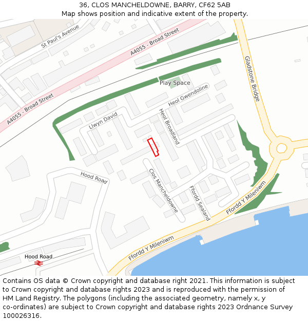 36, CLOS MANCHELDOWNE, BARRY, CF62 5AB: Location map and indicative extent of plot