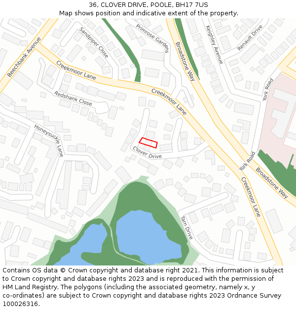 36, CLOVER DRIVE, POOLE, BH17 7US: Location map and indicative extent of plot