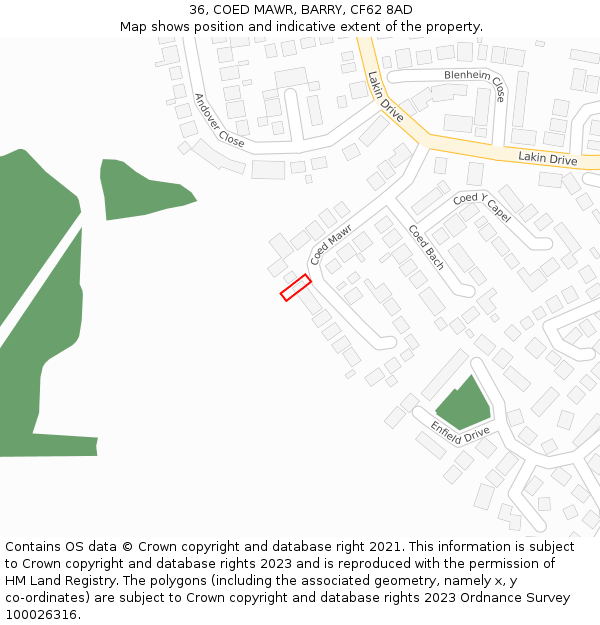 36, COED MAWR, BARRY, CF62 8AD: Location map and indicative extent of plot