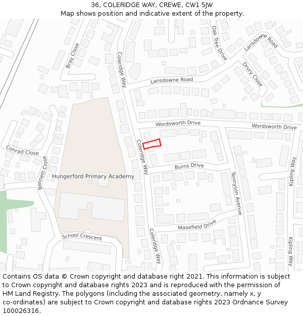 36, COLERIDGE WAY, CREWE, CW1 5JW: Location map and indicative extent of plot