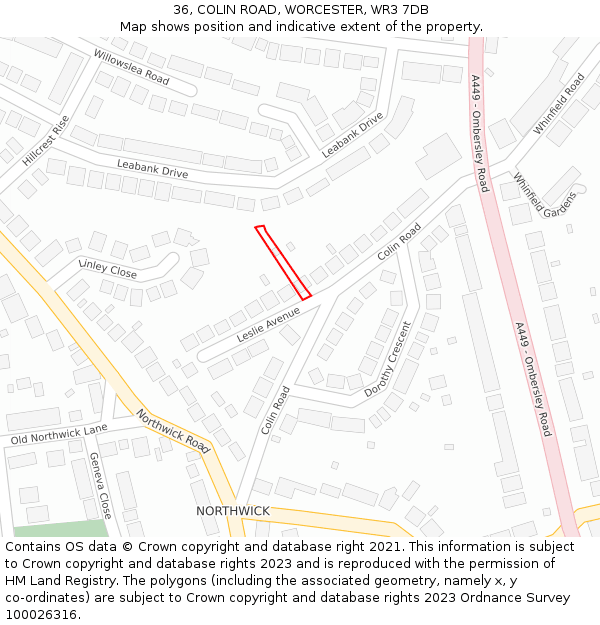36, COLIN ROAD, WORCESTER, WR3 7DB: Location map and indicative extent of plot