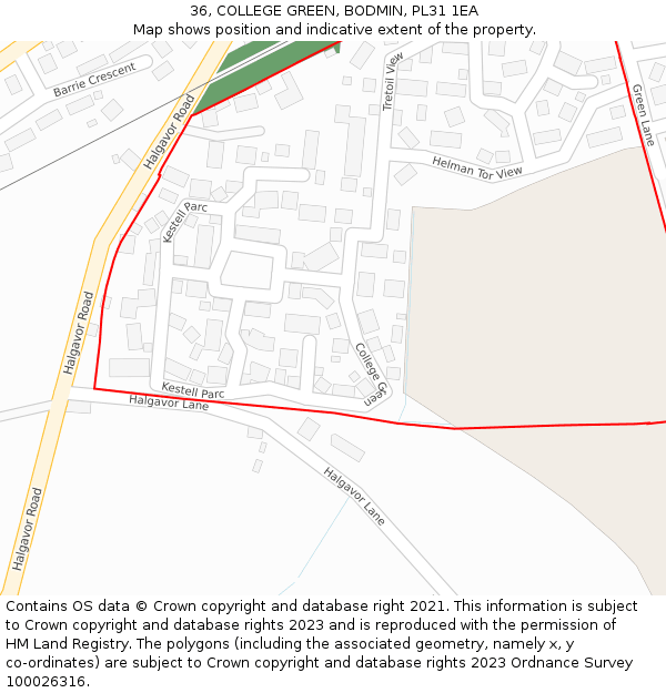 36, COLLEGE GREEN, BODMIN, PL31 1EA: Location map and indicative extent of plot