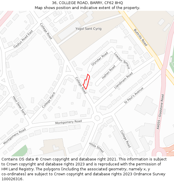 36, COLLEGE ROAD, BARRY, CF62 8HQ: Location map and indicative extent of plot