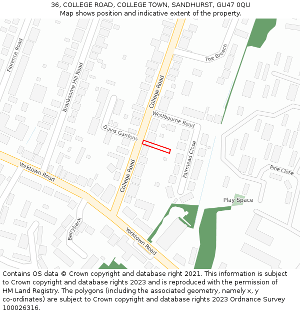 36, COLLEGE ROAD, COLLEGE TOWN, SANDHURST, GU47 0QU: Location map and indicative extent of plot