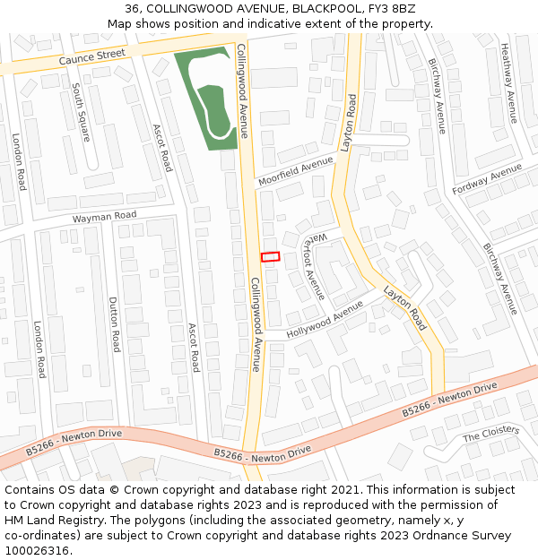 36, COLLINGWOOD AVENUE, BLACKPOOL, FY3 8BZ: Location map and indicative extent of plot