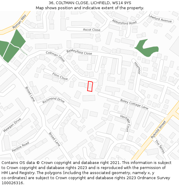 36, COLTMAN CLOSE, LICHFIELD, WS14 9YS: Location map and indicative extent of plot