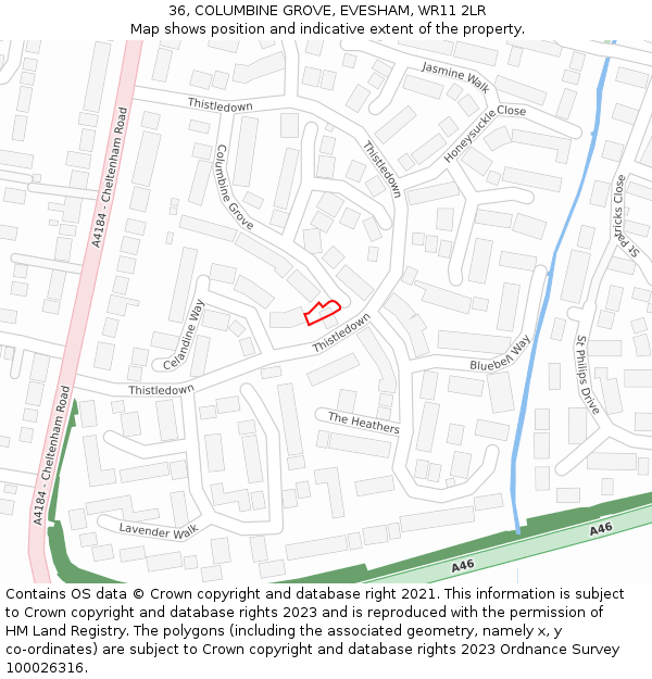 36, COLUMBINE GROVE, EVESHAM, WR11 2LR: Location map and indicative extent of plot