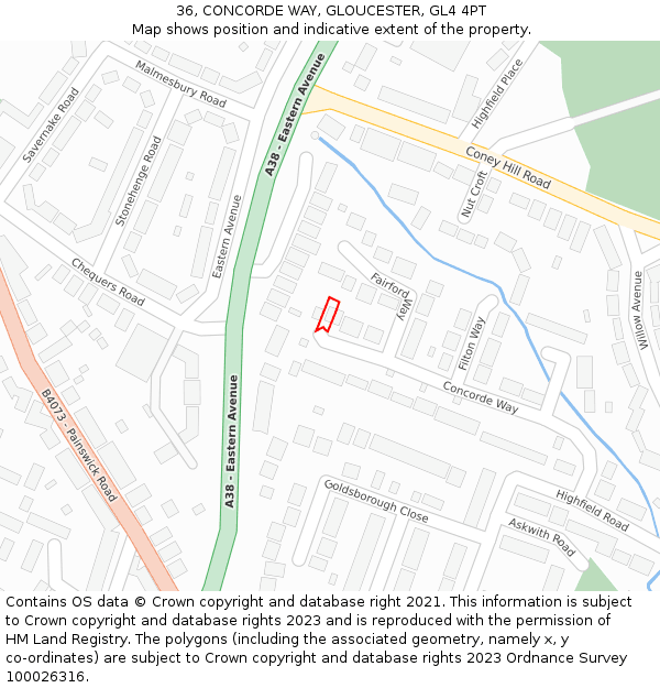 36, CONCORDE WAY, GLOUCESTER, GL4 4PT: Location map and indicative extent of plot