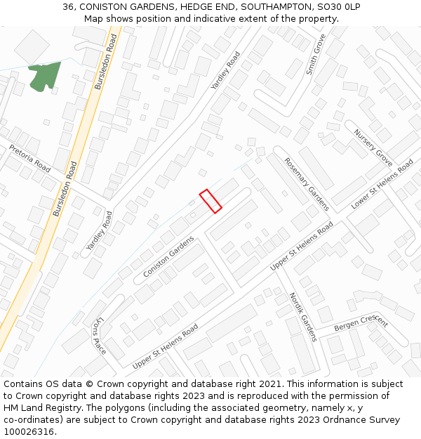 36, CONISTON GARDENS, HEDGE END, SOUTHAMPTON, SO30 0LP: Location map and indicative extent of plot