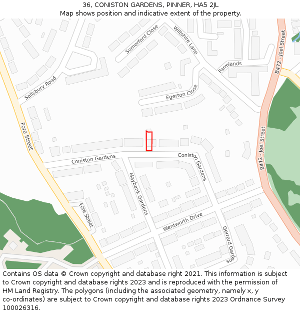 36, CONISTON GARDENS, PINNER, HA5 2JL: Location map and indicative extent of plot