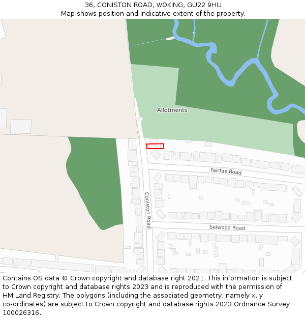 36, CONISTON ROAD, WOKING, GU22 9HU: Location map and indicative extent of plot