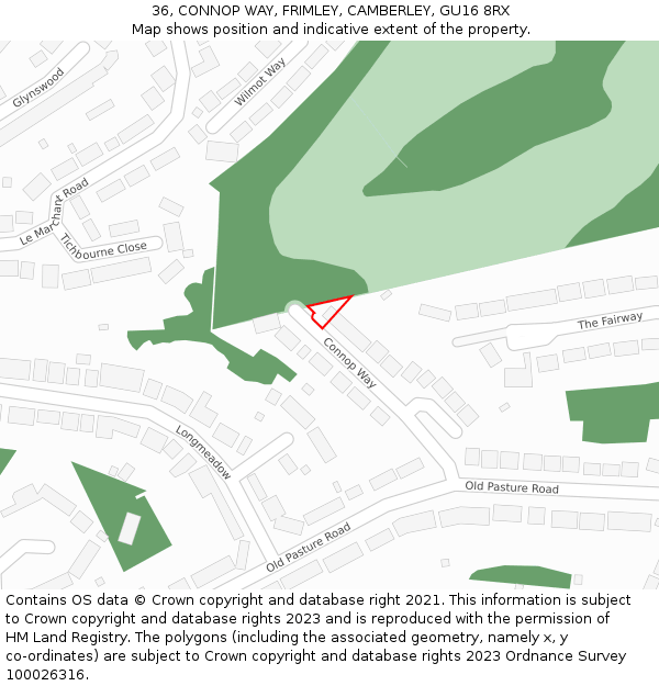 36, CONNOP WAY, FRIMLEY, CAMBERLEY, GU16 8RX: Location map and indicative extent of plot