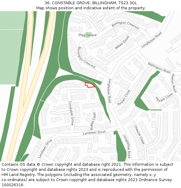 36, CONSTABLE GROVE, BILLINGHAM, TS23 3GL: Location map and indicative extent of plot