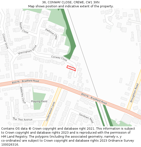 36, CONWAY CLOSE, CREWE, CW1 3XN: Location map and indicative extent of plot