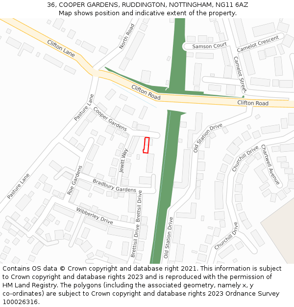 36, COOPER GARDENS, RUDDINGTON, NOTTINGHAM, NG11 6AZ: Location map and indicative extent of plot