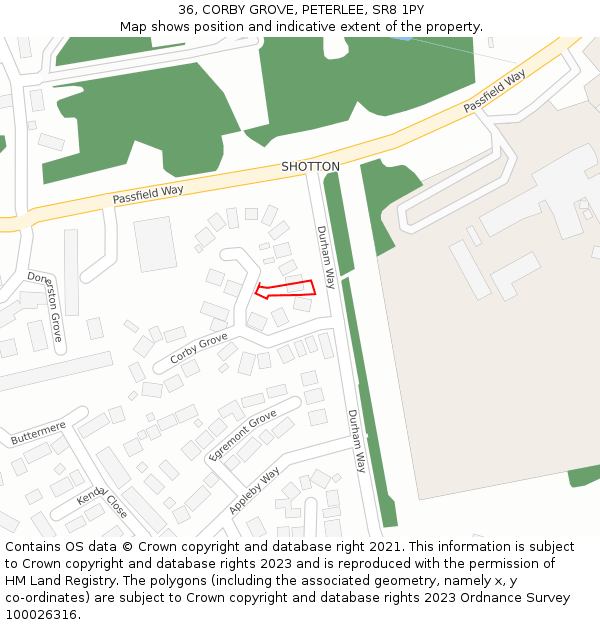 36, CORBY GROVE, PETERLEE, SR8 1PY: Location map and indicative extent of plot
