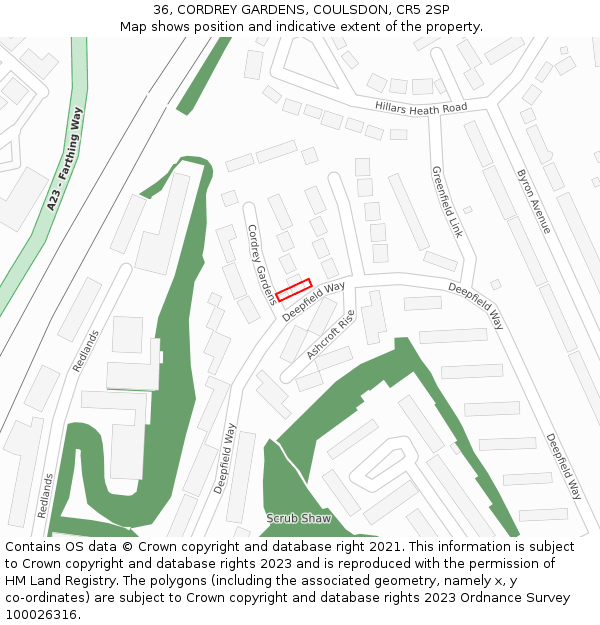 36, CORDREY GARDENS, COULSDON, CR5 2SP: Location map and indicative extent of plot